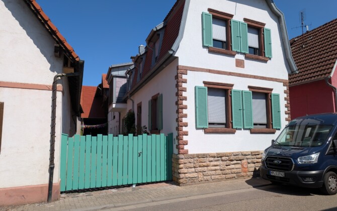 Hoftor 2 flg. mit springenden senkrechten Bretter, Sonderfarbe - Holzhoftore, Einfahrtstore aus Holz nach Maß- Raum Mannheim, Heidelberg